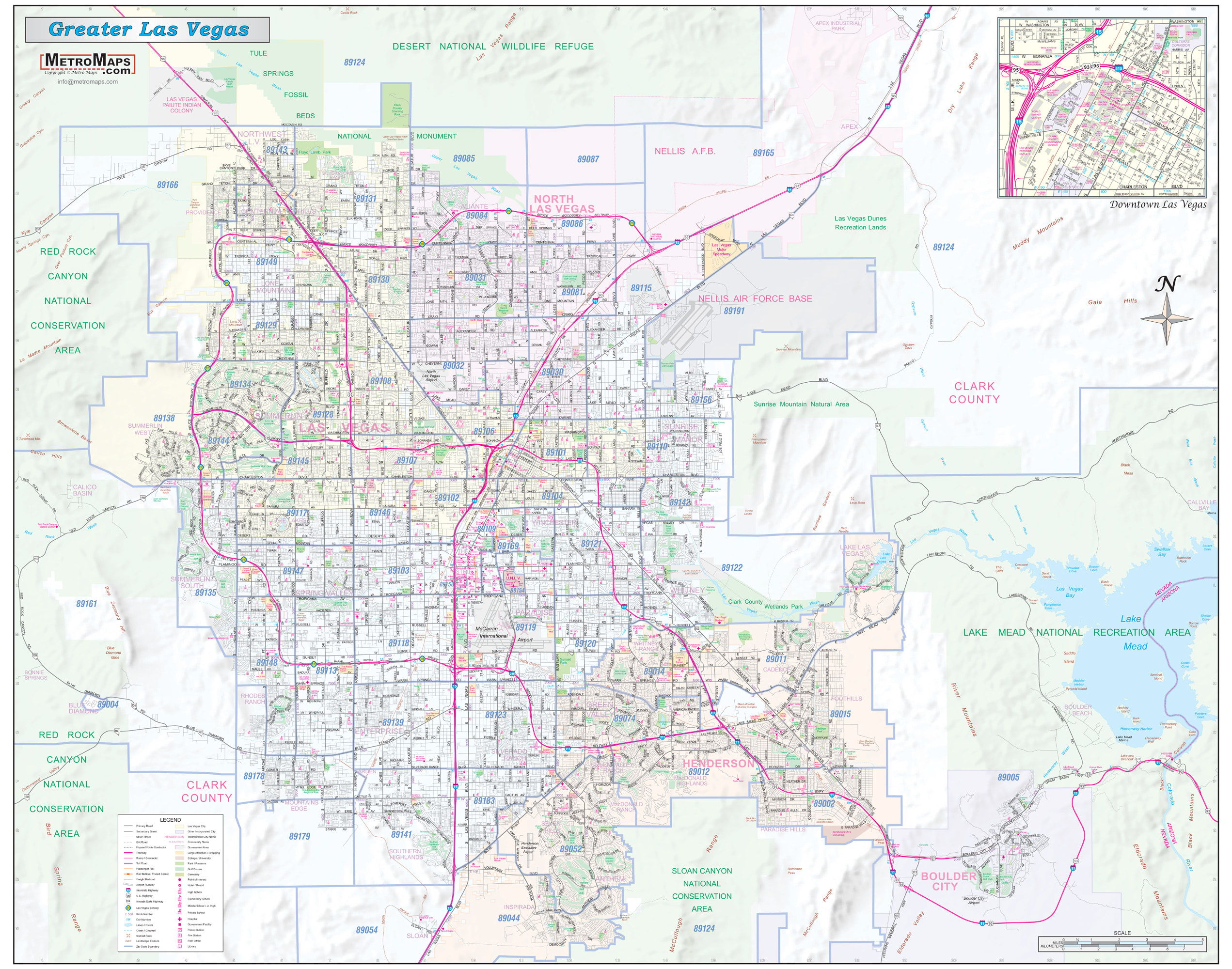 Greater Las Vegas Nevada Detailed Region Zip Codes Wall Map Metro Maps